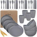 Wheat Straw Dinnerware Sets Wheat Straw Plates and Bowls Sets for 4 Kitchen Dishes 28pcs College Dorm Room Essentials Cutlery Set Microwave Safe (Gray)