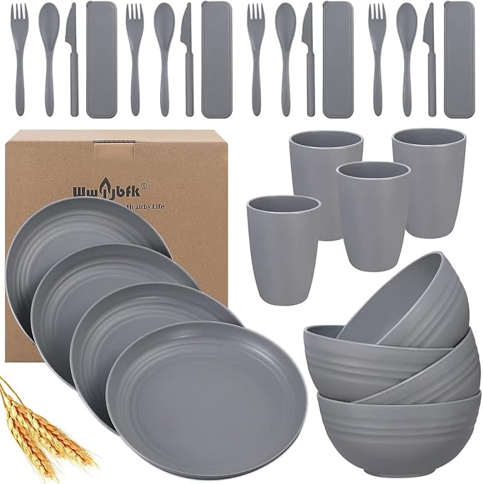 Wheat Straw Dinnerware Sets Wheat Straw Plates and Bowls Sets for 4 Kitchen Dishes 28pcs College Dorm Room Essentials Cutlery Set Microwave Safe (Gray)