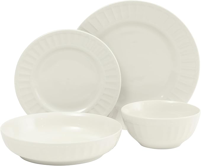 Gibson Home Melbourne White Plates and Bowls Set 16 Piece Embossed Ceramic Dinnerware Set - Service for 4 Dishes - With Pasta Bowl