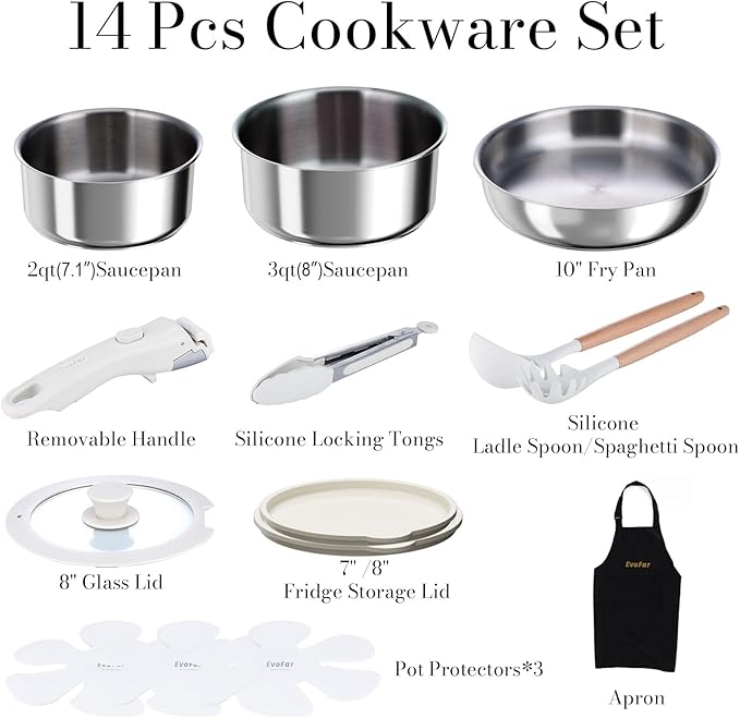 14 pcs Stainless Steel Cookware Set Detachable Pots and Pans Set with Removable Handle Non Toxic Space Saving RV Camping Cookware Set Induction Cookware Dishwasher &amp Oven Safe