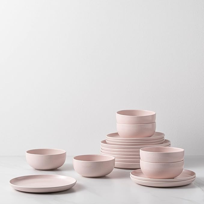 Casafina Ceramic Stoneware 18-Piece Place Setting Service for 6 with Cereal Bowls - Pacifica Collection Marshmallow Pink | Microwave &amp Dishwasher Safe Dinnerware Set | Restaurant Quality Tablewar
