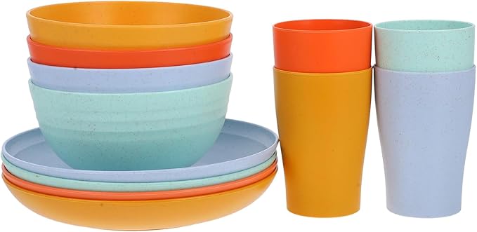 Mobestech 12pcs Wheat Straw Dinnerware Set Plates and Bowls Microwave Safe Reusable Snack Bowls Lightweight Eco-friendly Tableware for Home and Camping