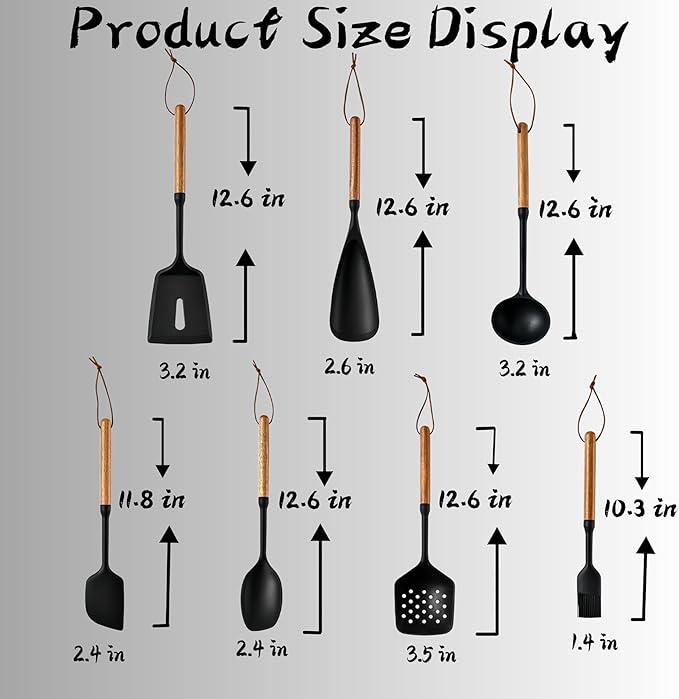 Exquisite Silicone Cooking Utensils Set - Non-Toxic Heat-Resistant Kitchen Utensils Set with Food-Grade Silicone &amp Wood Handles - Includes Spatula &amp Spoon for Non-Stick Cookware Black