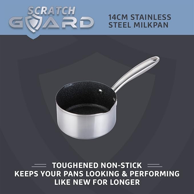 Prestige Scratch Guard Non Stick Milk Pan with Pouring Lip 14cm - Stainless Steel Milk Pan Scratch Resistant Suitable for All Hobs Oven &amp Dishwasher Safe Durable Cookware