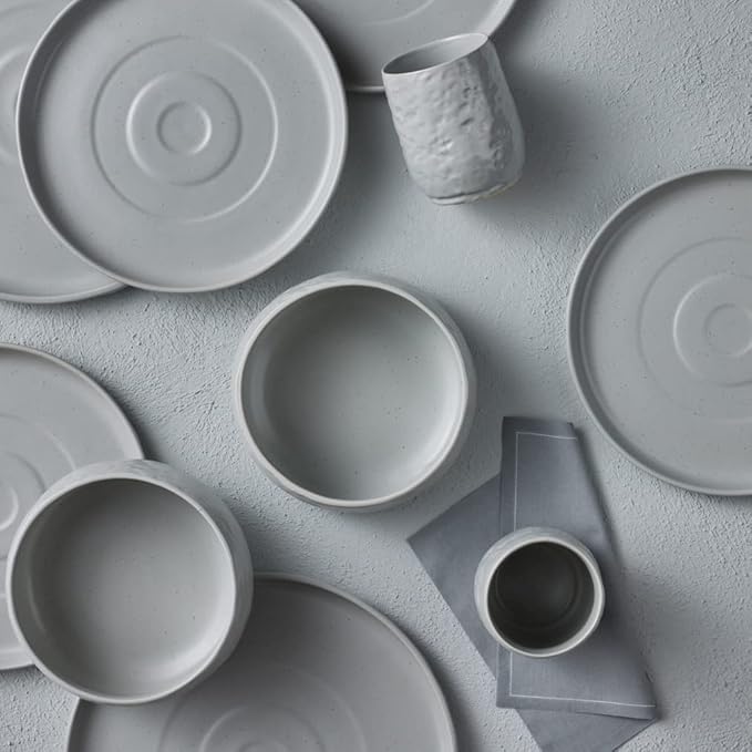 Stone by Mercer Project SHOSAI 32-Piece Stoneware Dinnerware Set Plates and Bowls Set Modern Dishware set fo 8 Grey Speckled