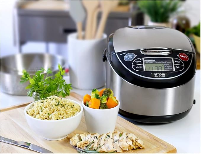 TIGER JAX-T10U-K 5.5-Cup (Uncooked) Micom Rice Cooker and Warmer with Tacook Food Steamer Cooking Tray Technology and 10 Auto-Cook Settings Stainless Steel Black