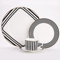 8-Piece Dinnerware Set Service for 2 Black and White Striped Geometric Series Include 2 Dishs 2 Salad Plates 2 Mugs and Saucers
