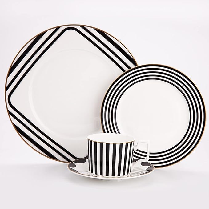 8-Piece Dinnerware Set Service for 2 Black and White Striped Geometric Series Include 2 Dishs 2 Salad Plates 2 Mugs and Saucers