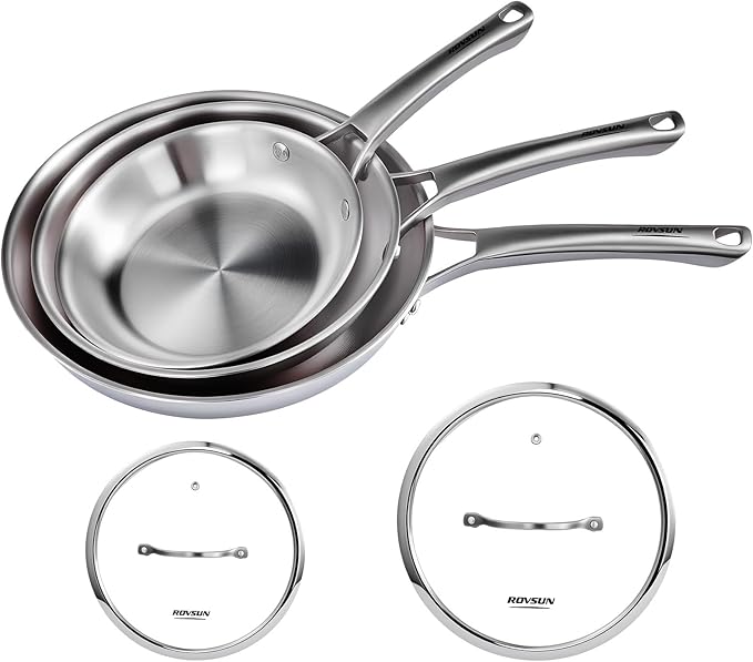 ROVSUN 8-10-12 Inch Stainless Steel Cookware Set Tri-Ply Skillets Set with Lids Full Clad Stainless Steel Chef's Pan PFOA &amp PTFE Free Skillets Compatible for All Cooktops Dishwasher &amp Ove