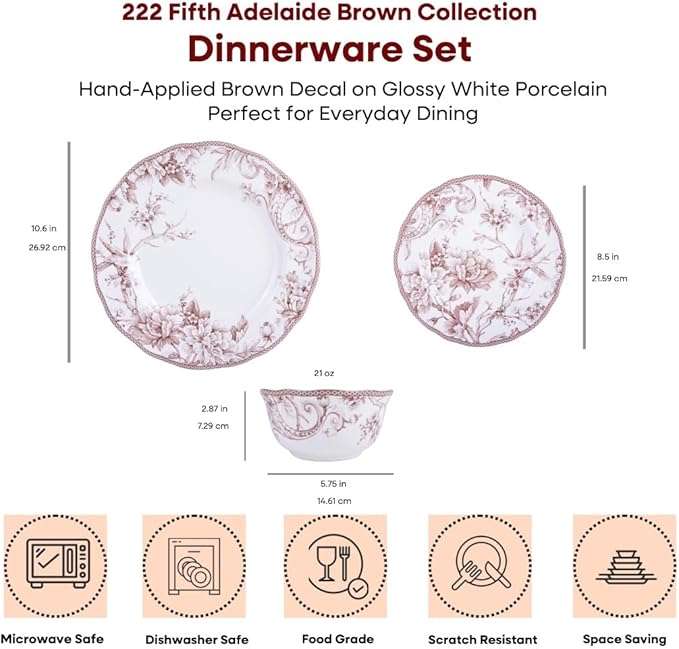 222 Fifth Adelaide Brown on White 12-Piece Dinnerware Set – Service for 4 Big Dinner Plates and Bowls SetsDurable Porcelain Microwave and Dishwasher Safe for Everyday Dining &amp Entertainment