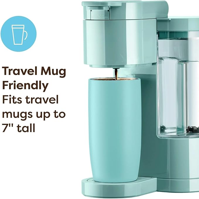 Express Essentials Single-Serve Cup Pod Coffee Maker 3 Cup Sizes Fast Fresh Brew 30oz Removable Water Reservoir Travel Mug Friendly Maintenance Alert Space-Saving (Seafoam Green)