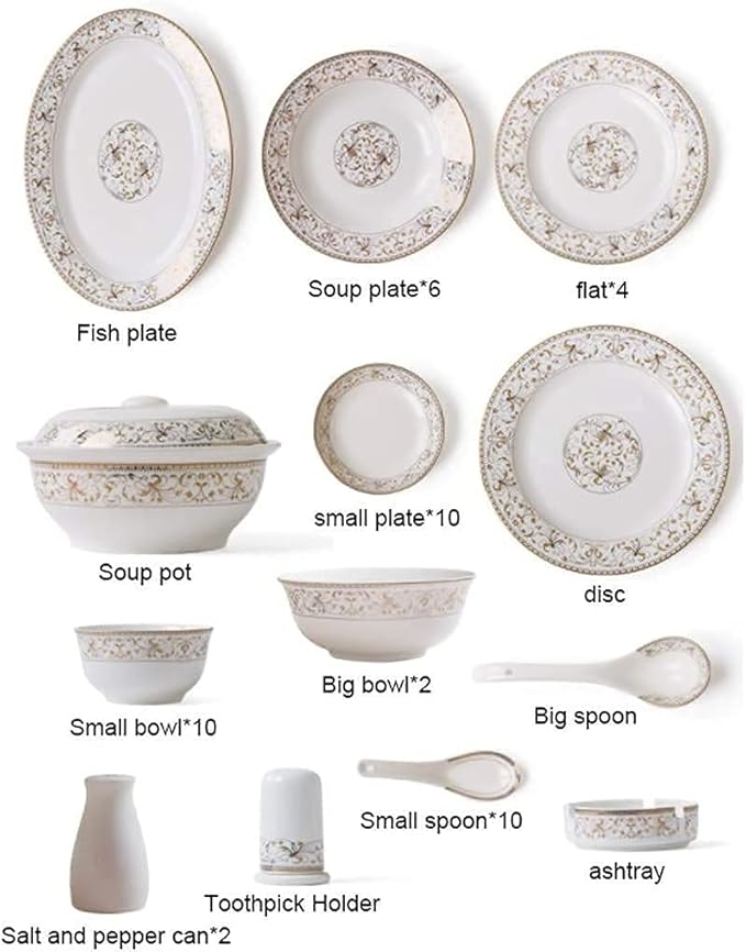 Dinnerware Set Ceramics Dinnerware Set with 50-PieceBowl/Stockpot/Dish/Spoon|Bone China Dinner Sets Rim Porcelain Combination Set Plates