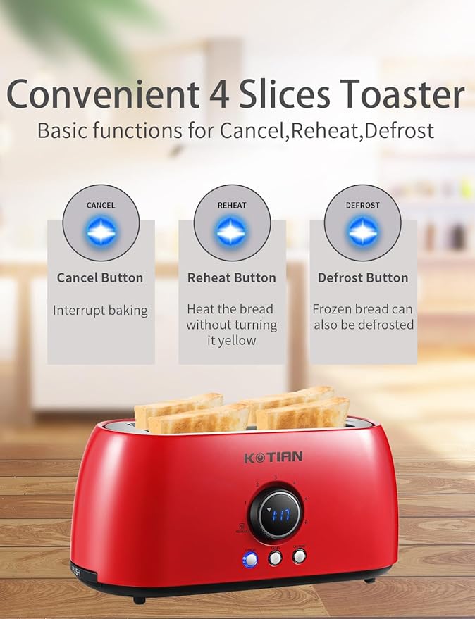 Toaster 4 SliceKOTIAN Retro Long Slot Toasters with Countdown TimerStainless Steel ToasterBagelDefrostReheatCancel FunctionsExtra Wide Slots6 Toast SettingsRemovable Crumbs TrayRed