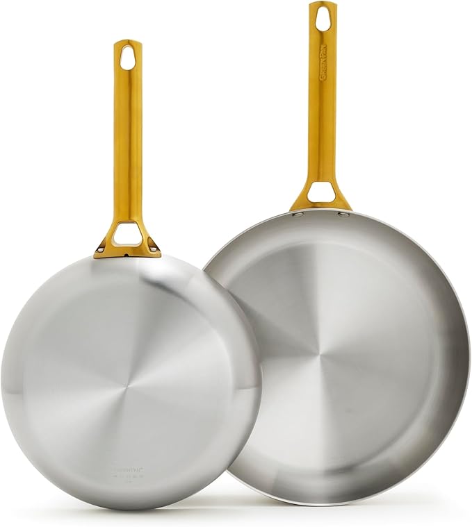 GreenPan Stainless Steel Tri-Ply Reserve 10” and 12” Frying Pan Skillet Set Multiclad Cookware Induction Oven &amp Broiler Safe to 600°F Heat Responsive Core Dishwasher Safe Gold Handles