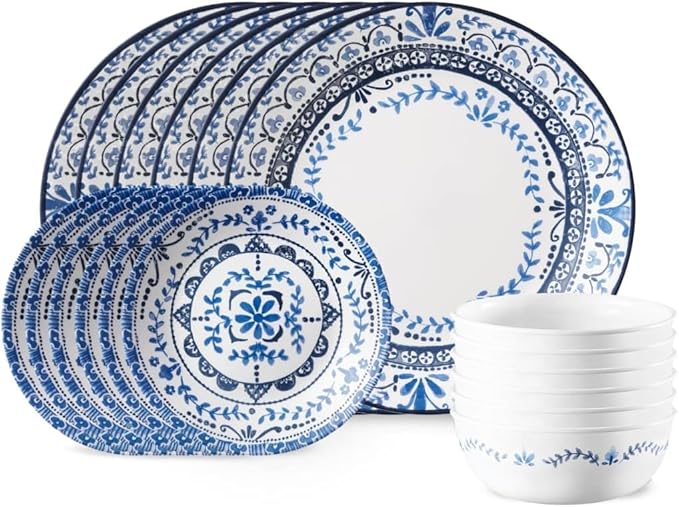 Corelle Vitrelle 18-Piece Service for 6 Dinnerware Set Triple Layer Glass and Chip Resistant Lightweight Round Plates and Bowls Set Portofino