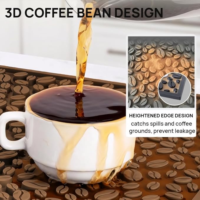 Bar Mats for Countertops Heavy Duty Rubber Mat 3D Coffee Bean Coffee Bar Mat Dish Drying Mat for Kitchen Restaurant Coffee Bar Essentials Non-Slip Drip Tray Mat(Coffee18x12)