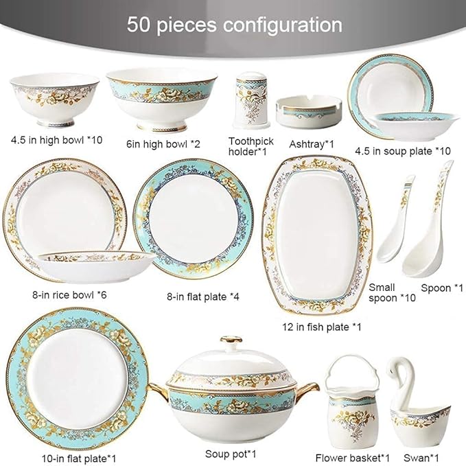 Dinnerware Set Dinner Party Tableware Service Set Ceramics Dinnerware Set with 50-Piece Bowl/Stockpot/Dish/Spoon|Bone China Dinner Sets Porcelain Combination Set50pieces