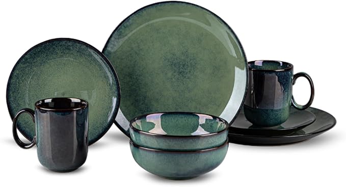 8 Piece Dinnerware Sets for 2 Scratch Resistantmicrowave oven and Dishwasher Safe Plates and Bowls Sets Ceramic Dish Set Bowl and Plate Set -Kiln turns foggy green
