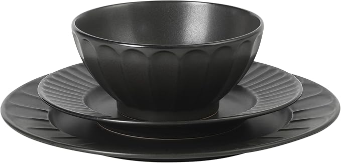 Gibson Elite Winchester Way 12-Piece Embossed Stoneware Dinnerware Set – Reactive Matte Glaze Durable Lightweight-Tech Plates &amp Bowls Everyday Dish Set Microwave &amp Dishwasher Safe – Black