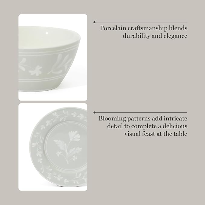 Martha Stewart Maiden Crown 12-Piece Sage Green Dinnerware Set – New Bone China Ceramic Plates &amp Bowls – Floral Design – Service for 4 – Microwave &amp Dishwasher Safe