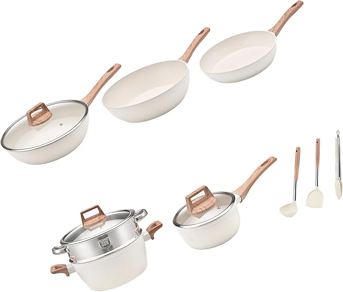 10 Piece Nonstick Cookware Set Frying Pan Saucepan Saute Pan Steam Rack Sturdy Scratch Resistant Coating Even Heat Distribution Modern Design for Home Cooks (White)