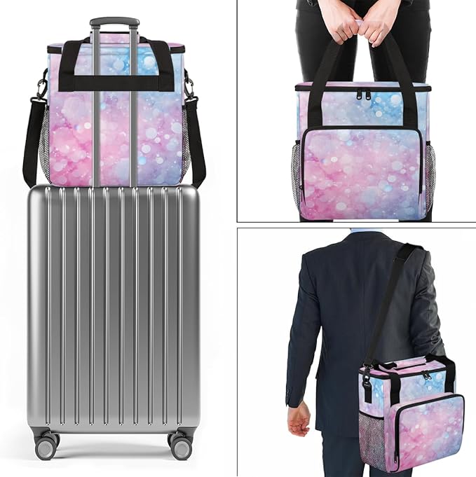 Pink Blue Glitter Coffee Maker Carrying Bag Portable Travel Storage Tote Bag Compatible with K-Mini or K-Mini Plus Single Serve Coffee Brewer Carrying Case with Multiple Pockets &amp Shoulder Strap