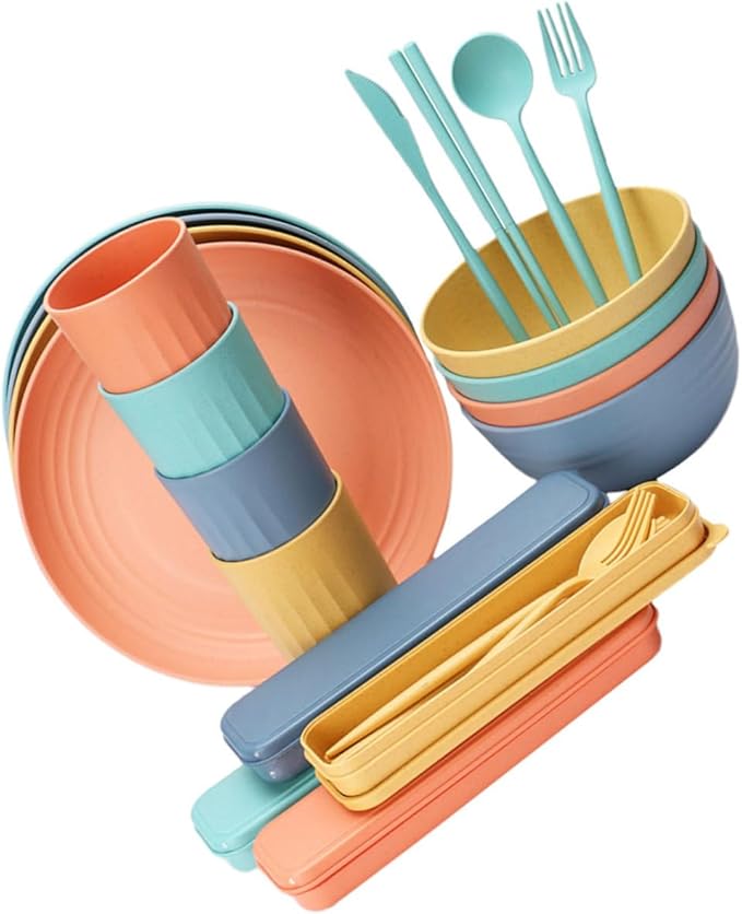 PRETYZOOM 4Sets Portable Wheat Straw Tableware Creative Kitchen Supplies for Rice Soup and Salad Microwave Safe Dinnerware Set with Bowls Plates and Cutlery for Home