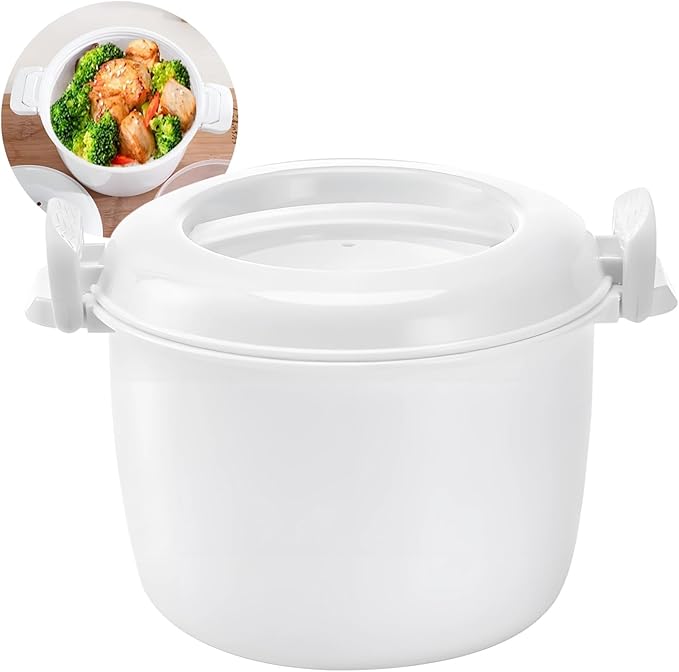 Microwave Rice Cooker Large White Plastic Portable With Lid Ideal For Travel Multi-Functional Lunch Storage
