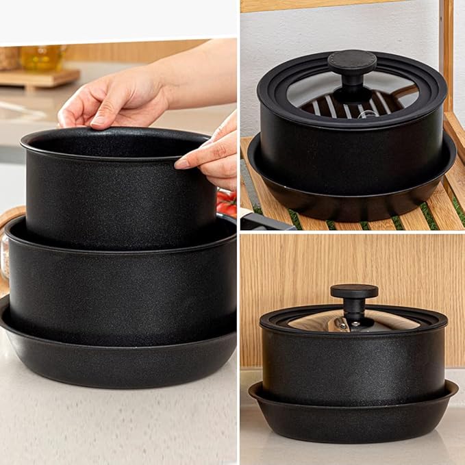 IH titanium coating non stick Induction Cookware Set of 3P with lid &amp magic handle Black