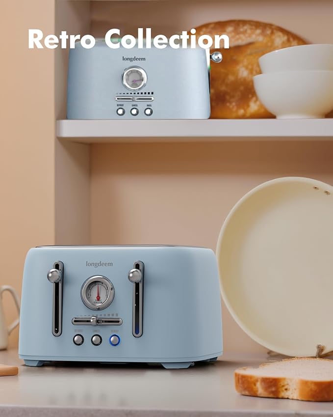 LONGDEEM 4-Slice Retro Toaster 1.6 Extra-Wide Slots 6 Browning Levels Bagel/Defrost/Cancel Stainless Steel Compact Blue