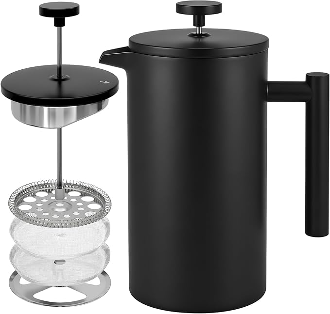 French Press Coffee Maker 304 Grade Stainless Steel French Press with 2 Extra Filters for Home Office Travel Camping - 34OZ/2 Litre (Black)