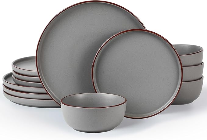 Famiware Mercury Plates and Bowls Sets 12 Pieces Stoneware Dinnerware Sets Dishes Set for 4 Microwave and Dishwasher Safe Dark Grey