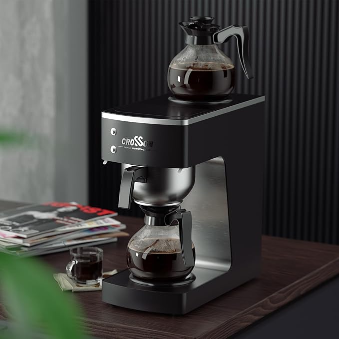 crosson 12 Cup Commercial Drip Coffee Brewer with Upper and Lower Warmer &amp 2 Glass DecanterPour Over Coffee Maker with Easy Clean Fingerprint Free Housing and 304 Stainless Steel Funnel