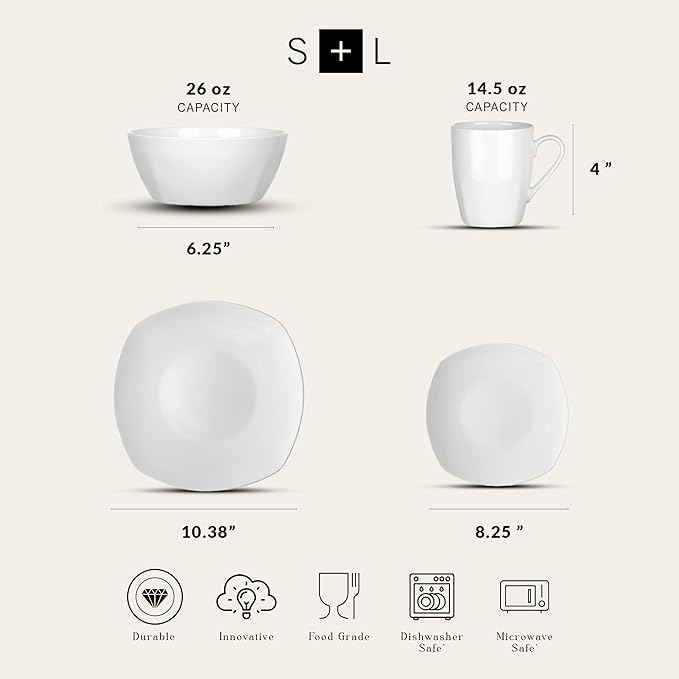 Stone Lain Bone China Soft Square 16 Piece Dinnerware Set White