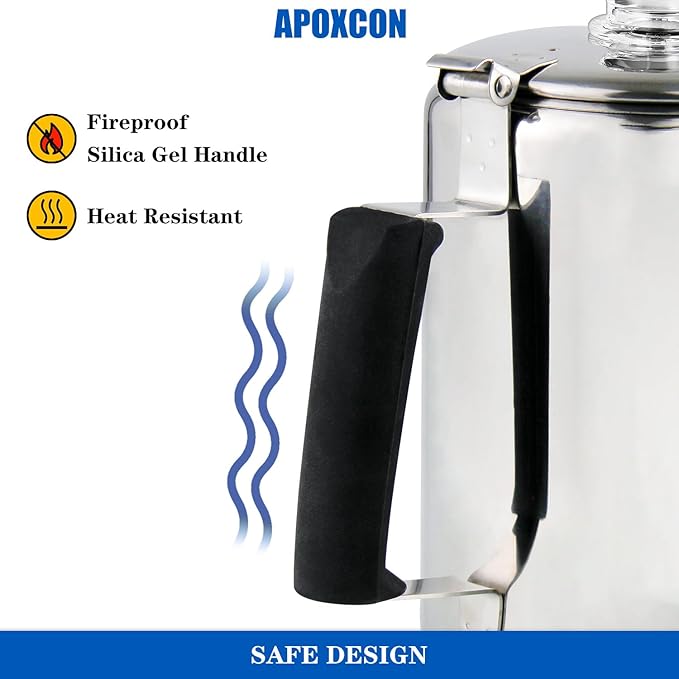 Multi Use Percolator Coffee Pot Stainless Steel Stove Top Coffee Maker with Two Borosilicate Glass Knob Silica Handle Camping Coffee Pot Using on Campfire Stove &amp Induction Cooker Silver 9 Cup