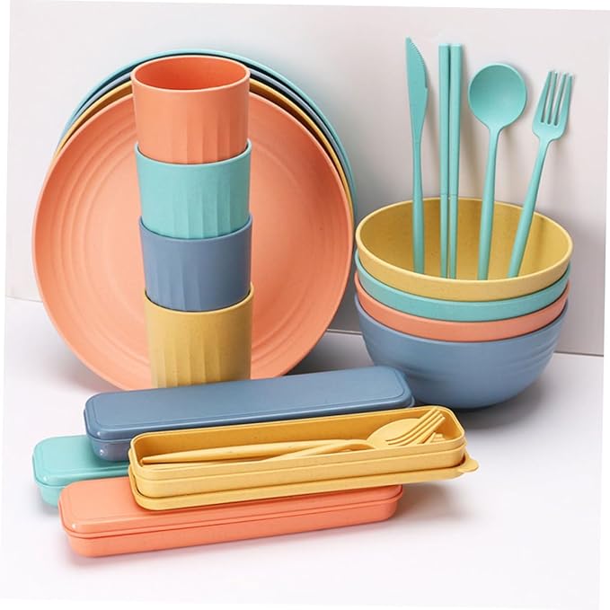 PRETYZOOM 4sets Portable Straw Cutlery Set Microwavable Bowls Lids Dinnerware Set for Outdoor Home