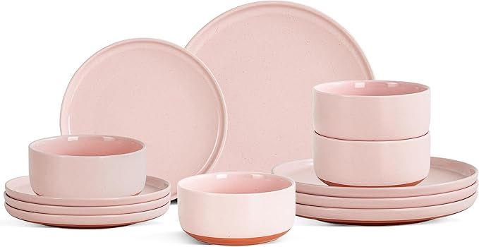 Plates and Bowls Sets 12 Piece Ceramic Dinnerware Set for Family and GatheringsDishes Set for 4Dishwasher &amp Microwave Safe Handcrafted Dishware SetsElegant Pink