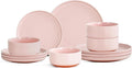 Plates and Bowls Sets 12 Piece Ceramic Dinnerware Set for Family and GatheringsDishes Set for 4Dishwasher &amp Microwave Safe Handcrafted Dishware SetsElegant Pink