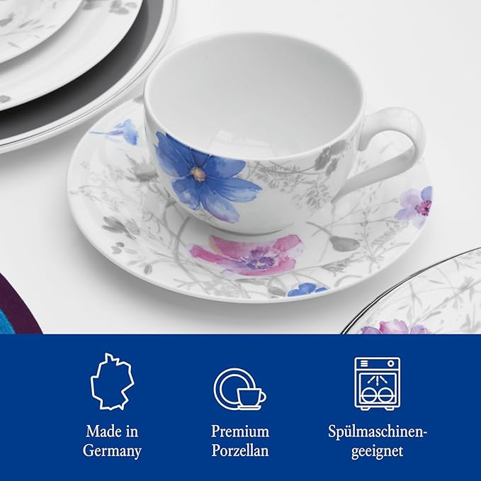 Villeroy &amp Boch Mariefleur Gris Basic Coffee Set for up to 6 People 18 Pieces Premium Porcelain White/Blue/Grey