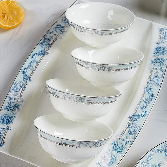 65 pcs Dinnerware Set Serves for 10 People Line Drawing Decoration Bone China Tableware SetPremium Quality Porcelain Dishes/Plate/BowlDishwasher &amp Microwave SafeBlue (60pcs Serves for 10 Peopl