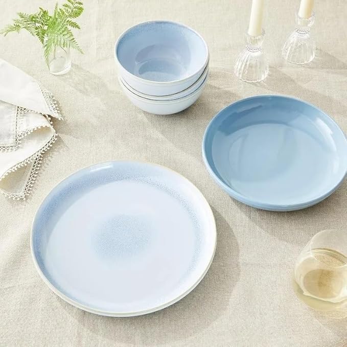 Stoneware 12-Pc Dinnerware Set Handcrafted Artisanal Bead Plates and Bowls Solid and Reactive Glazes