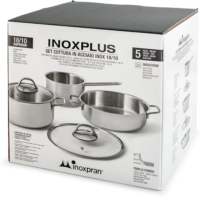 INOXPLUS Stainless Steel 18/10 Triple Base Saucepan Set of 5 for All Hob Types Including Induction with Glass Lid - Elegant and Durable