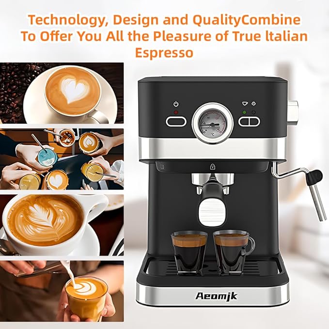 Aeomjk Electric Coffee Machine with Milk Frothing System 20Bar Mini Coffee Maker with Portafilter and Visual Single and Double Serve 1.6Qt Water Tank for Latte Espresso Cappuccino