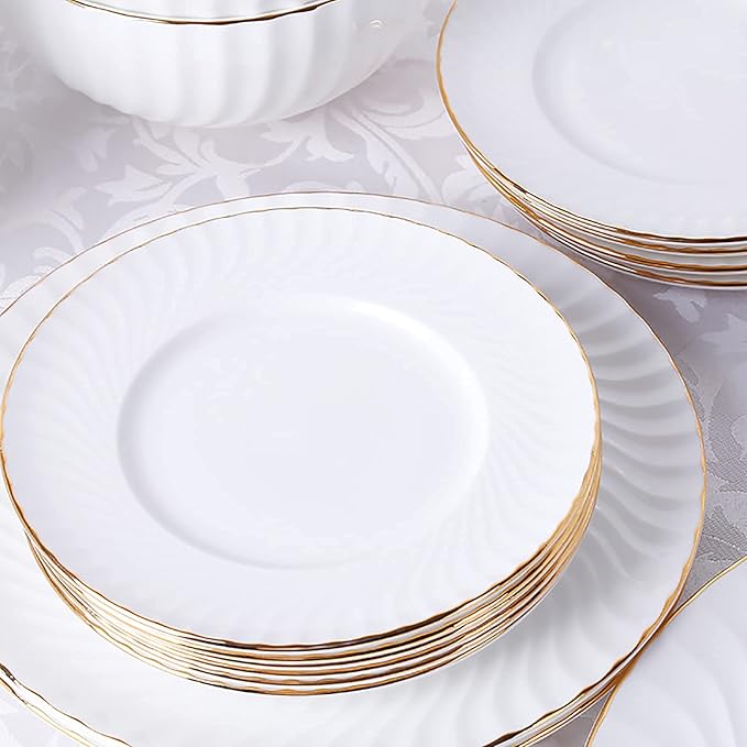 56 Pieces Dinnerware Set White Porcelain Kitchen Fine Bone China Dinner Set with Cereal Bowls Dinner Plate Dessert Plate Deep Soup Plates Fish Plate Dishes Soup Pot