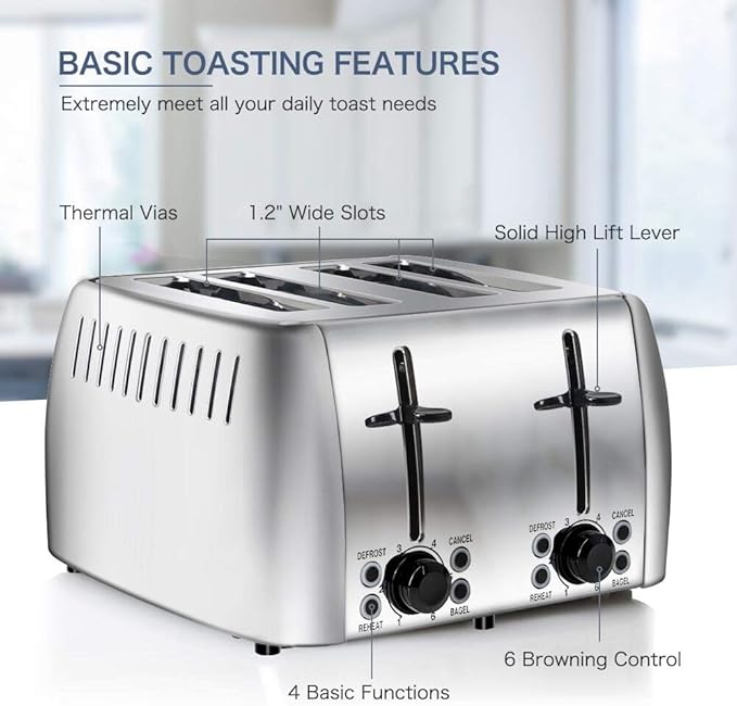 Toaster 4 Slice Stainless Steel Bagel Toaster Extra Wide Slots with 6 Browning Setting Bagel/Reheat/Defrost/Cancel Function for Toasting Bread Bagels and Waffles 1500W Silver