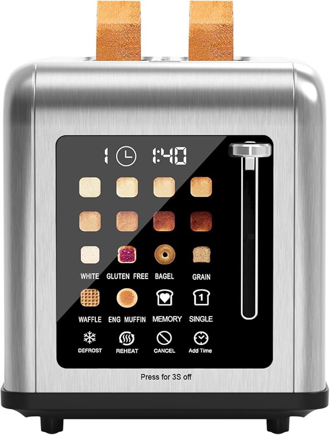 2 Slice Toaster Touch Screen Stainless Steel Toasters Digital Timer 2 Slot Toasters 8 Shade Settings 6 Bread Types for Bagel Cancel Defrost（Stainless Steel）