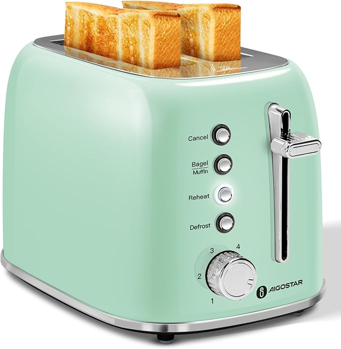 Aigostar Toaster 2 Slice Retro Toaster Stainless Steel 1.6 inch Extra Wide Slots Bread Toaster Bagel Cancel Defrost Function 6 Shade Settings &amp Removable Crumb Tray for Bread Waffle Aqua Gree