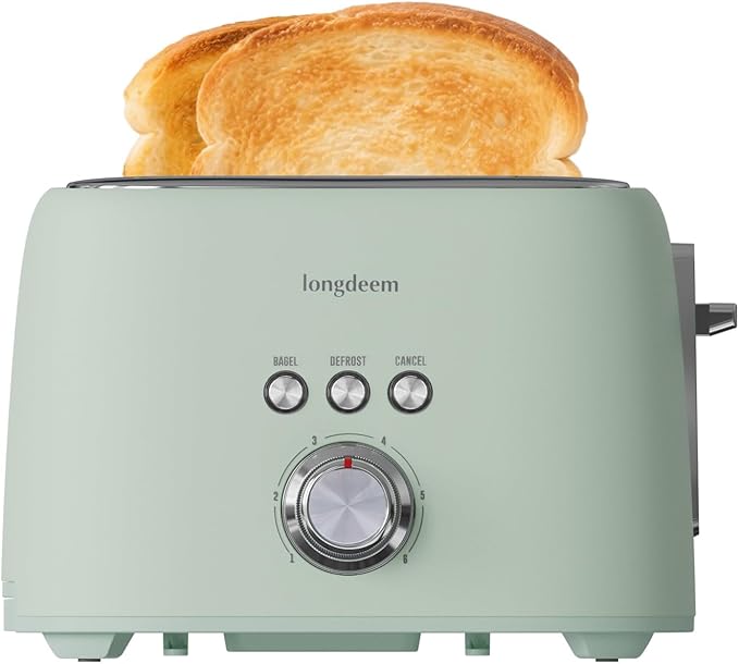 2 Slice Toaster - Stainless Steel 1.5 Extra Wide Slots 6 Browning Settings Bagel/Defrost/Cancel Modes Green