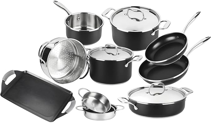 MAGEFESA Prisma 13-Piece Stainless Steel Cookware Set – Durable Pots &amp Pans with Nonstick Interior Matte Black Exterior Oven Safe up to 392°F
