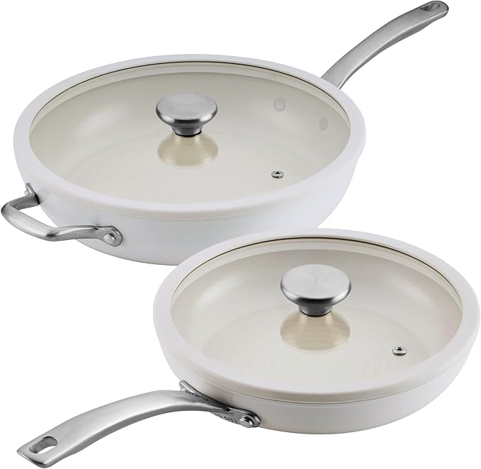 Circulon Halo with LaserDefense Ceramic Nonstick 10 Inch and 12 Inch Frying Pans with Lids Made without PFAS Compatible with All StovetopsDishwasher and Oven Safe4 Piece Cookware Set - Pearl White